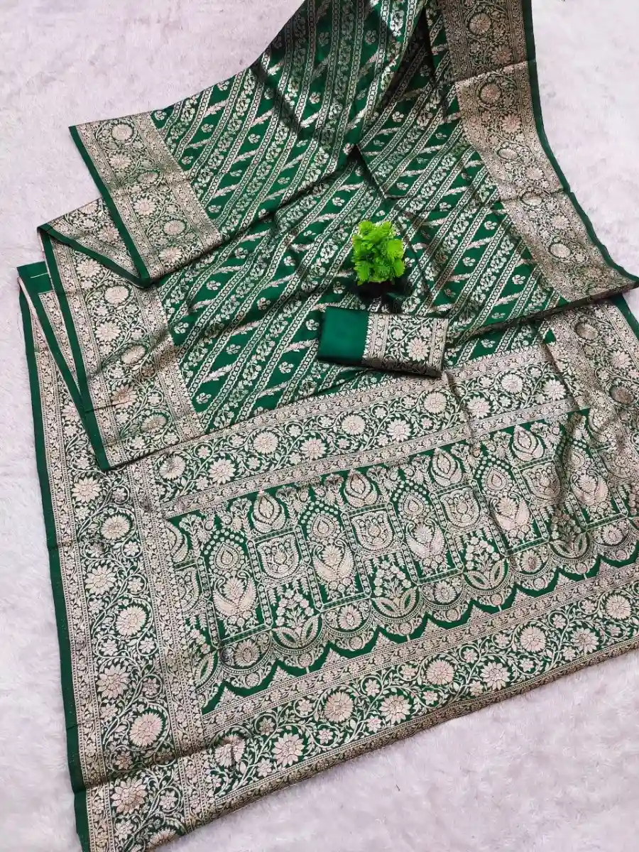 LATEST BANARASI SILK FLOWERS AND MINA & ZARI WEAVING RICH PALLU WITH UNIQUE BORDER WORK SAREE WITH UNSTITCHED BLOUSE FESTIVE WEAR WHOLESALE PRICE ETHNIC GARMENT (3)