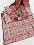 LATEST BANARASI SILK FLOWERS AND MINA & ZARI WEAVING RICH PALLU WITH UNIQUE BORDER WORK SAREE WITH UNSTITCHED BLOUSE MAROON