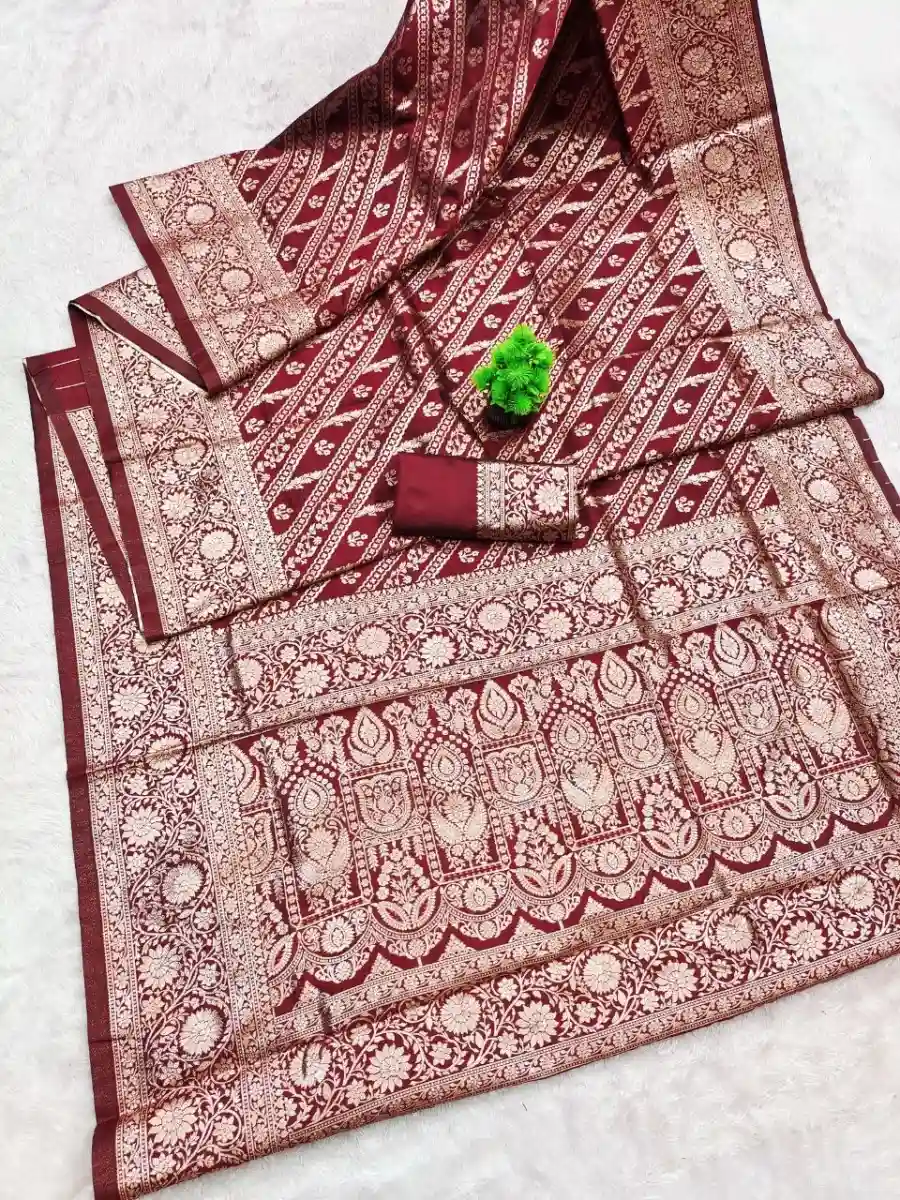 LATEST BANARASI SILK FLOWERS AND MINA & ZARI WEAVING RICH PALLU WITH UNIQUE BORDER WORK SAREE WITH UNSTITCHED BLOUSE FESTIVE WEAR WHOLESALE PRICE ETHNIC GARMENT (4)