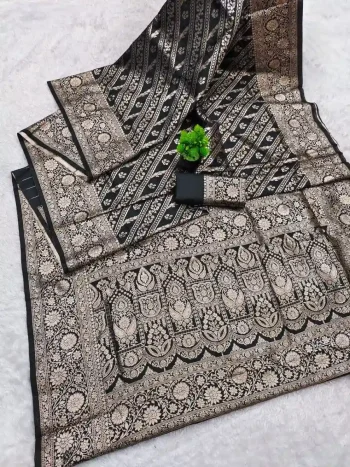 LATEST BANARASI SILK FLOWERS AND MINA & ZARI WEAVING RICH PALLU WITH UNIQUE BORDER WORK SAREE WITH UNSTITCHED BLOUSE BLACK