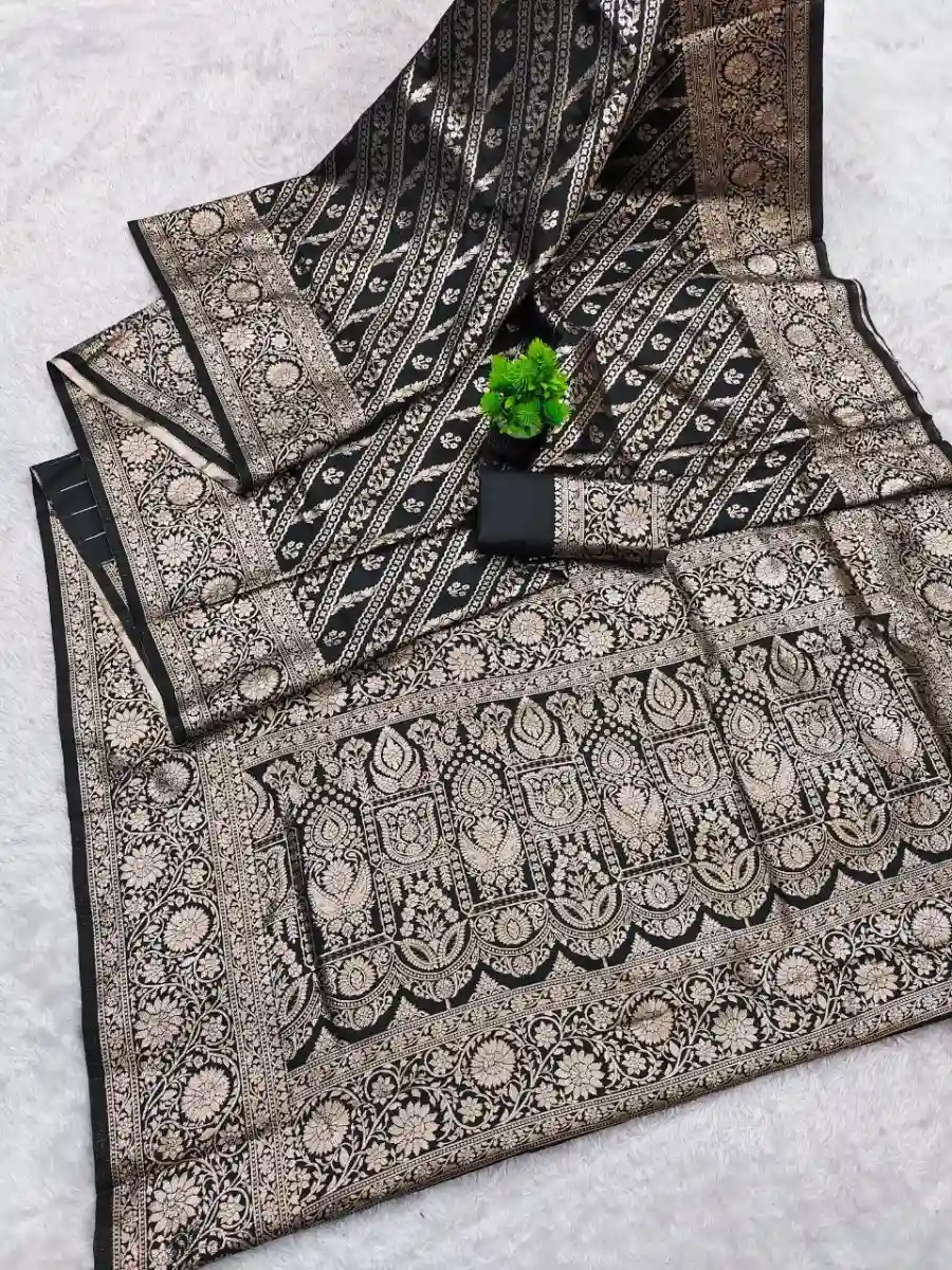 LATEST BANARASI SILK FLOWERS AND MINA & ZARI WEAVING RICH PALLU WITH UNIQUE BORDER WORK SAREE WITH UNSTITCHED BLOUSE FESTIVE WEAR WHOLESALE PRICE ETHNIC GARMENT (5)