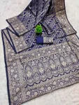 LATEST BANARASI SILK FLOWERS AND MINA & ZARI WEAVING RICH PALLU WITH UNIQUE BORDER WORK SAREE WITH UNSTITCHED BLOUSE NAVY BLUE