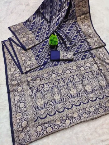 LATEST BANARASI SILK FLOWERS AND MINA & ZARI WEAVING RICH PALLU WITH UNIQUE BORDER WORK SAREE WITH UNSTITCHED BLOUSE NAVY BLUE
