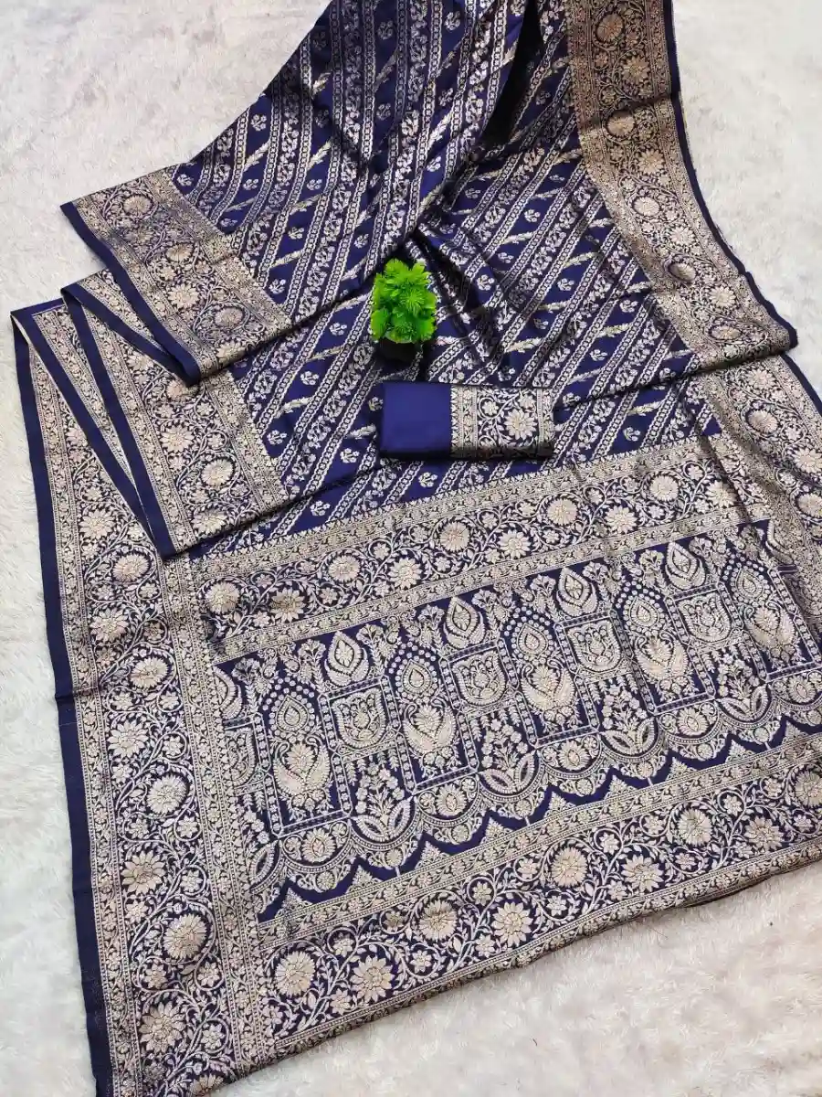 LATEST BANARASI SILK FLOWERS AND MINA & ZARI WEAVING RICH PALLU WITH UNIQUE BORDER WORK SAREE WITH UNSTITCHED BLOUSE FESTIVE WEAR WHOLESALE PRICE ETHNIC GARMENT (6)