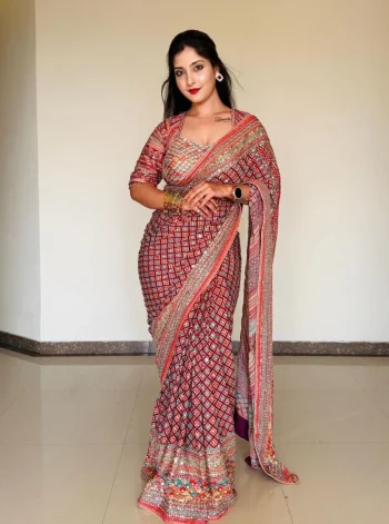 LATEST CHINON PRINT WITH GOLD ZARI AND HAND REAL MIRROR AND DIAMOND WORK SAREE WITH UNSTITCHED BLOUSE MULTI