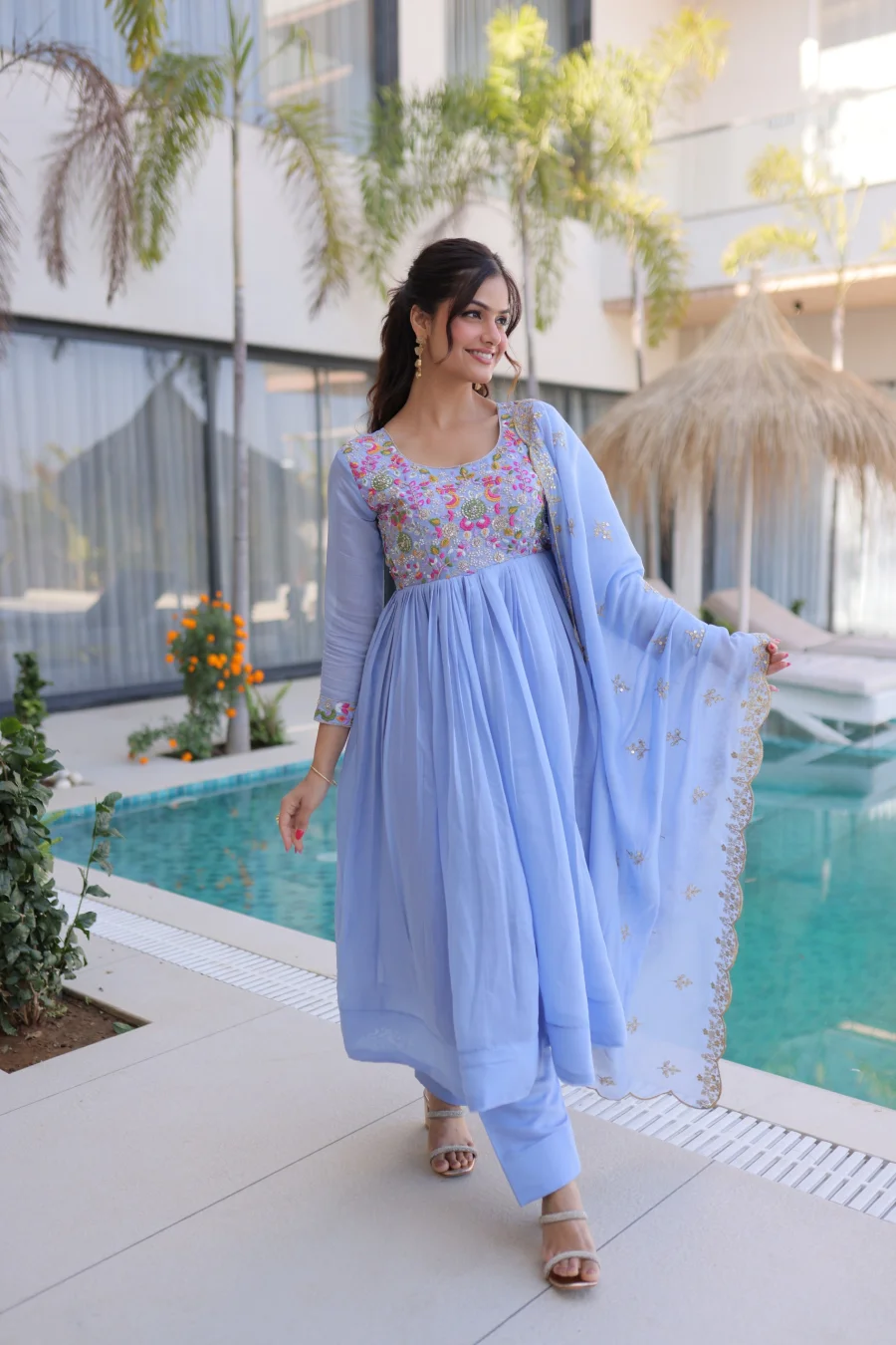 LATEST MUL CHANDERI BEADS EMBROIDERY WORK GOWN BOTTOM WITH DUPATTA FESTIVE WEAR WHOLESALE PRICE ETHNIC GARMENT (10)