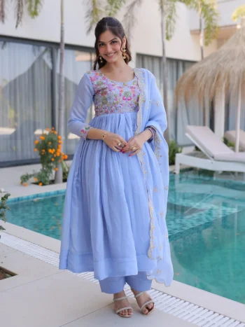 LATEST MUL CHANDERI BEADS EMBROIDERY WORK GOWN BOTTOM WITH DUPATTA SKY