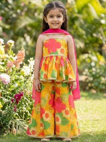 LATEST RAYON DIGITAL PRINT WORK KID'S TOP BOTTOM WITH DUPATTA YELLOW