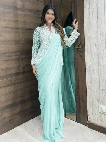 MODERN APPLE RANGOLI PLAIN READY TO WEAR SAREE WITH EMBROIDERY CODING WORK KOTI SKY