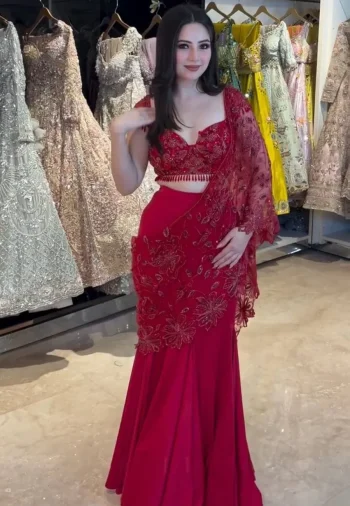 MODERN BUTTERFLY NET THREAD WITH FANCY LATKAN BORDER WORK LEHENGA SAREE WITH UNSTITCHED BLOUSE RED