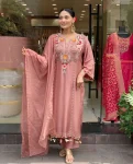 FANCY CHANDERI SILK SEQUENCE CODING EMBROIDERY WORK TOP BOTTOM WITH DUPATTA PEACH