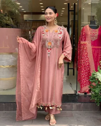 FANCY CHANDERI SILK SEQUENCE CODING EMBROIDERY WORK TOP BOTTOM WITH DUPATTA PEACH