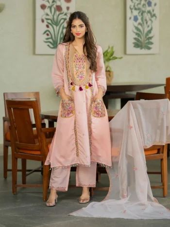 MODERN CHANDERI SILK SEQUENCE CODING EMBROIDERY WORK TOP BOTTOM WITH DUPATTA BABY PINK