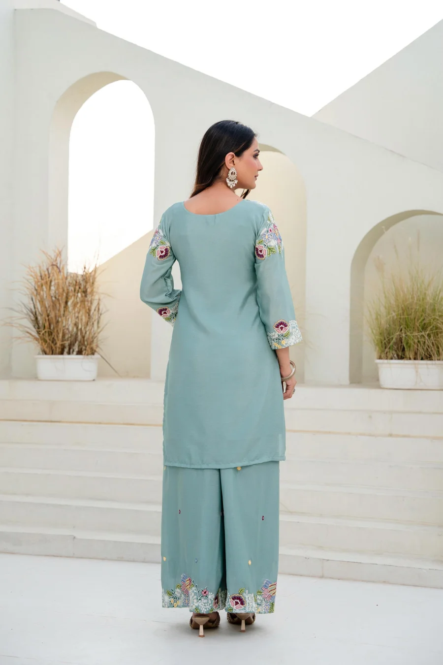 MODERN CHINON COTTON EMBROIDERY WORK WITH ZARDOSI HAND WORK TOP PALAZZO WITH DUPATTA WEDDING WEAR WHOLESALE PRICE ETHNIC GARMENT (10)