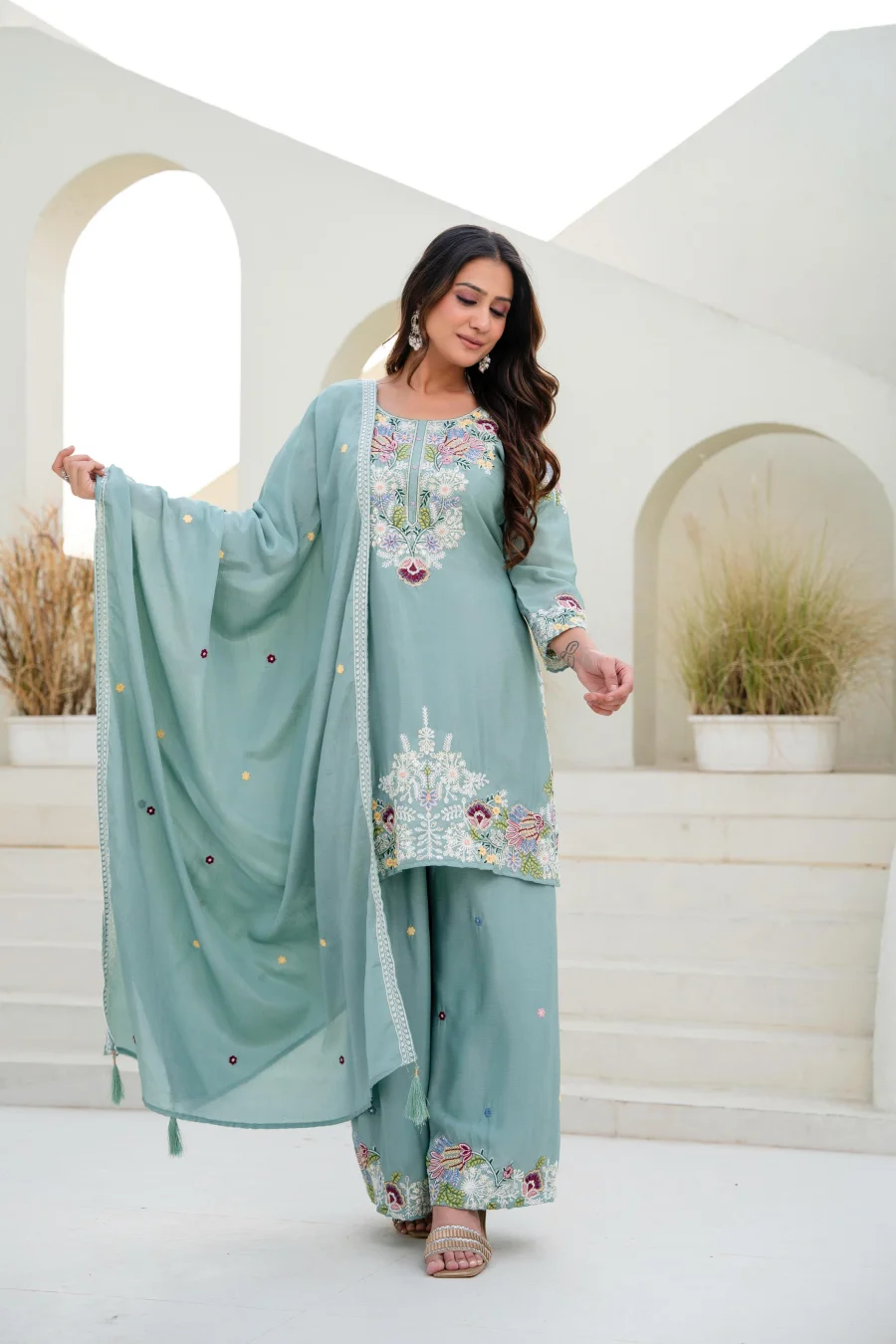 MODERN CHINON COTTON EMBROIDERY WORK WITH ZARDOSI HAND WORK TOP PALAZZO WITH DUPATTA WEDDING WEAR WHOLESALE PRICE ETHNIC GARMENT (11)