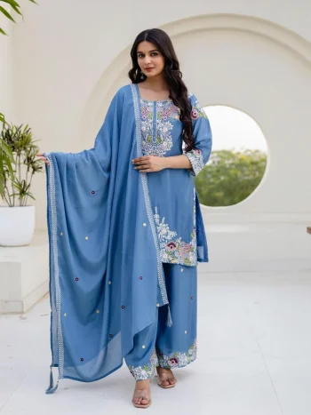 MODERN CHINON COTTON EMBROIDERY WORK WITH ZARDOSI HAND WORK TOP PALAZZO WITH DUPATTA BLUE