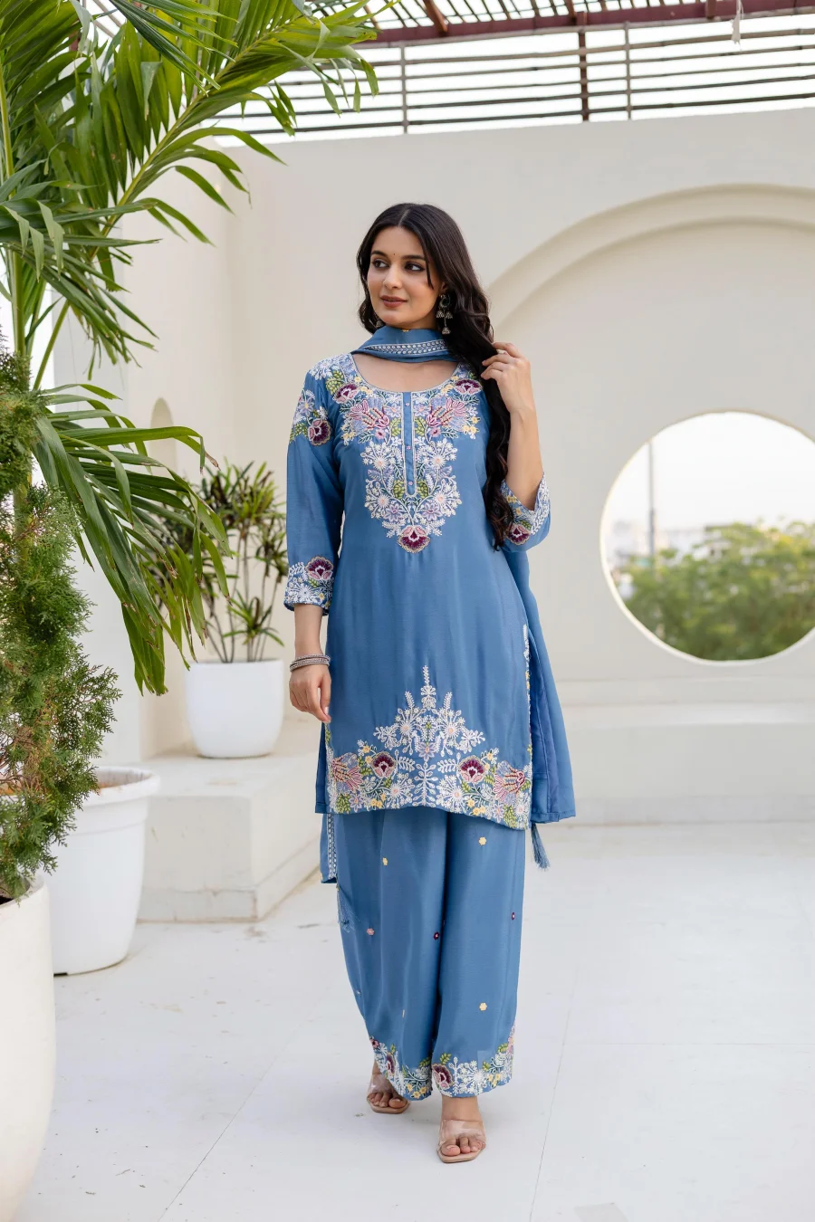MODERN CHINON COTTON EMBROIDERY WORK WITH ZARDOSI HAND WORK TOP PALAZZO WITH DUPATTA WEDDING WEAR WHOLESALE PRICE ETHNIC GARMENT (15)