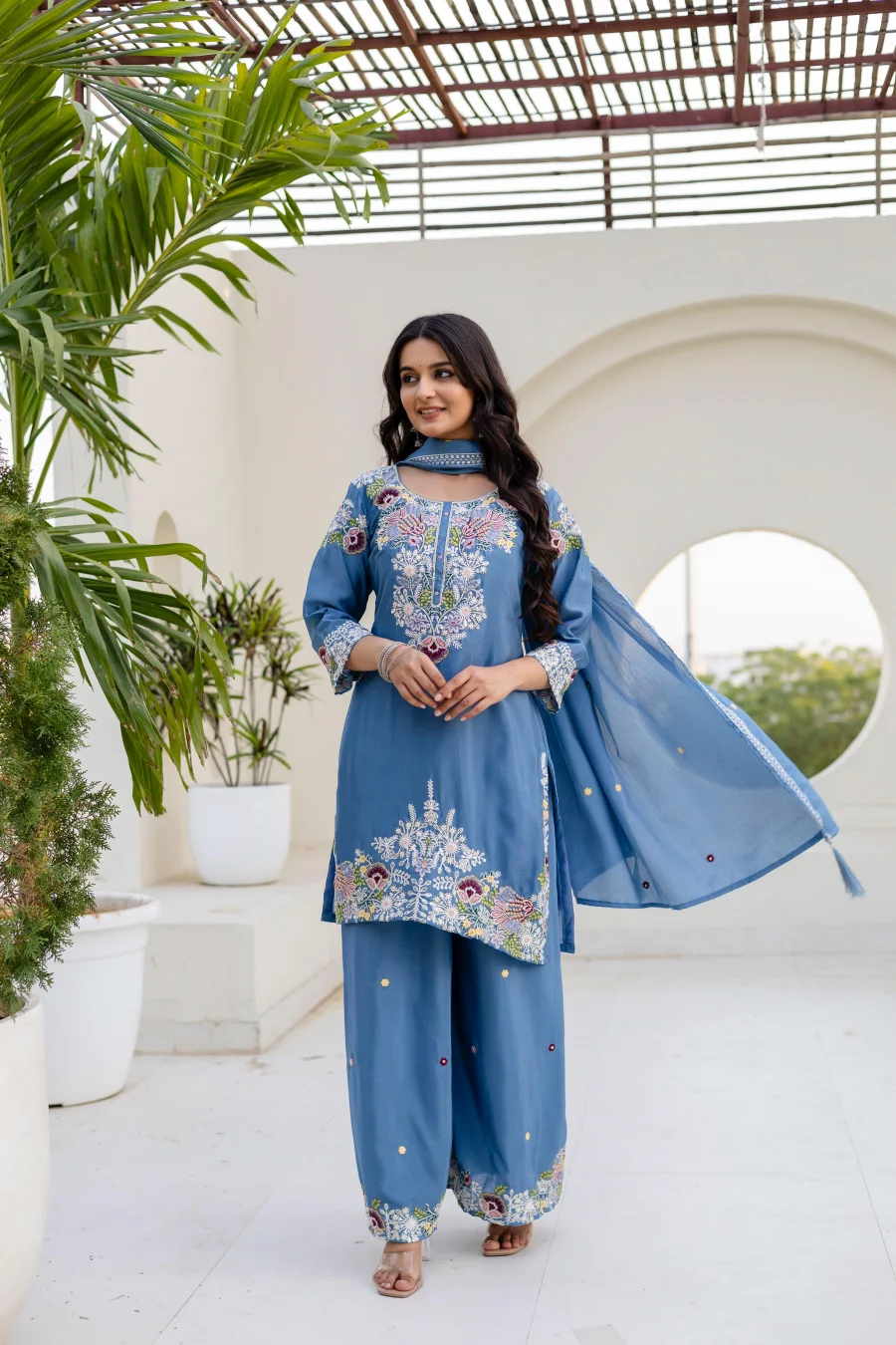 MODERN CHINON COTTON EMBROIDERY WORK WITH ZARDOSI HAND WORK TOP PALAZZO WITH DUPATTA WEDDING WEAR WHOLESALE PRICE ETHNIC GARMENT (18)