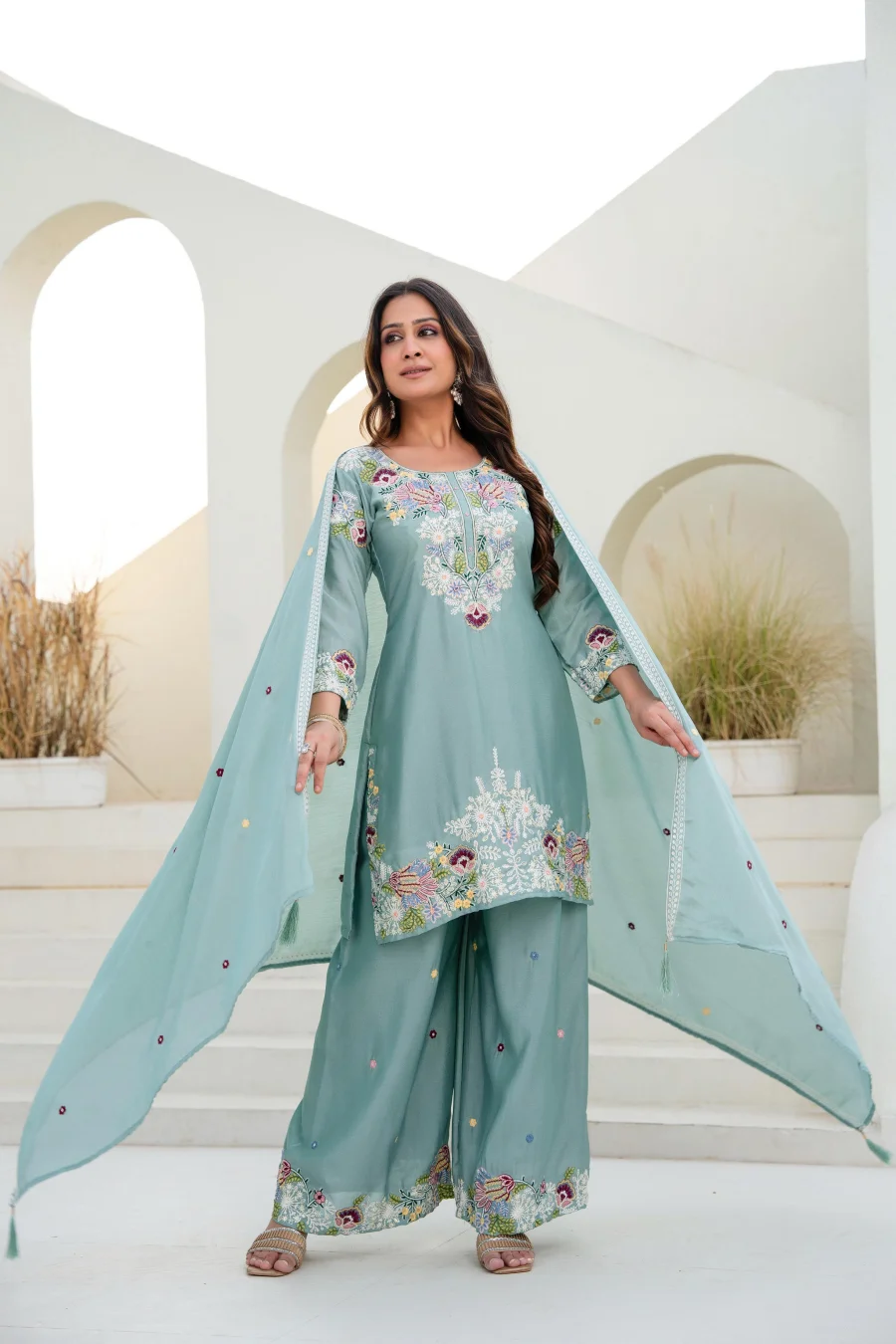 MODERN CHINON COTTON EMBROIDERY WORK WITH ZARDOSI HAND WORK TOP PALAZZO WITH DUPATTA WEDDING WEAR WHOLESALE PRICE ETHNIC GARMENT (2)
