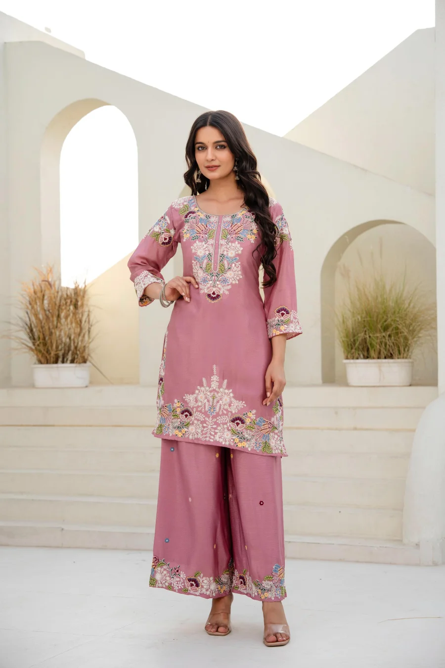 MODERN CHINON COTTON EMBROIDERY WORK WITH ZARDOSI HAND WORK TOP PALAZZO WITH DUPATTA WEDDING WEAR WHOLESALE PRICE ETHNIC GARMENT (24)