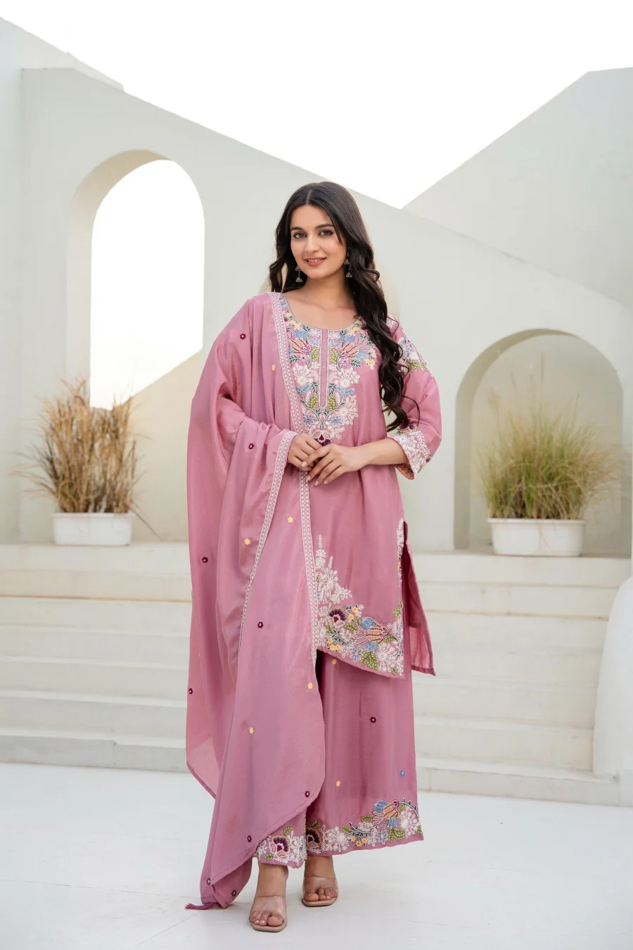 MODERN CHINON COTTON EMBROIDERY WORK WITH ZARDOSI HAND WORK TOP PALAZZO WITH DUPATTA WEDDING WEAR WHOLESALE PRICE ETHNIC GARMENT (27)