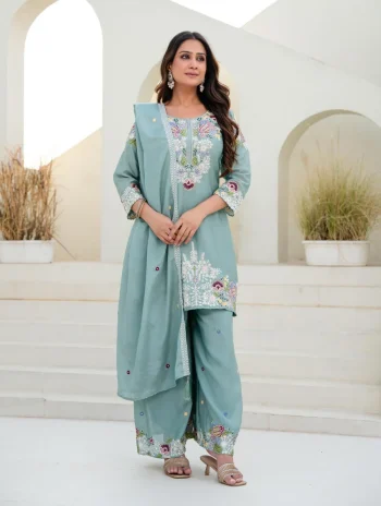 MODERN CHINON COTTON EMBROIDERY WORK WITH ZARDOSI HAND WORK TOP PALAZZO WITH DUPATTA RAMA
