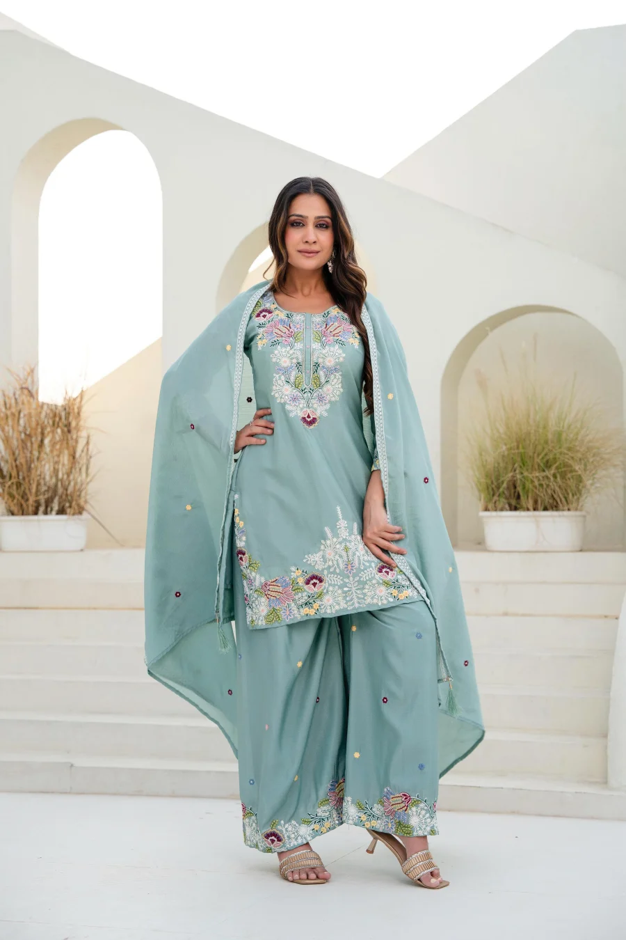 MODERN CHINON COTTON EMBROIDERY WORK WITH ZARDOSI HAND WORK TOP PALAZZO WITH DUPATTA WEDDING WEAR WHOLESALE PRICE ETHNIC GARMENT (9)