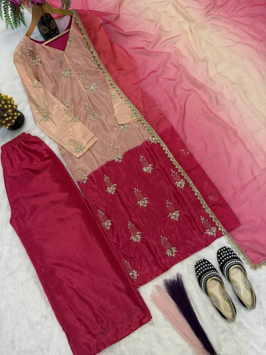 MODERN CHINON DIGITAL PRINT WITH REAL BEADS MOTI HAND SEQUENCE EMBROIDERY WORK TOP PALAZZO WITH DUPATTA FESTIVE WEAR WHOLESALE PRICE ETHNIC GARMENT (10)