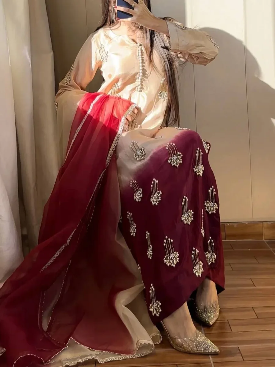 MODERN CHINON DIGITAL PRINT WITH REAL BEADS MOTI HAND SEQUENCE EMBROIDERY WORK TOP PALAZZO WITH DUPATTA FESTIVE WEAR WHOLESALE PRICE ETHNIC GARMENT (6)