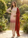 MODERN CHINON PRINTED WITH SEQUENCE EMBROIDERY BORDAR LACE WORK TOP BOTTOM WITH DUPATTA PEACH AND MAROON