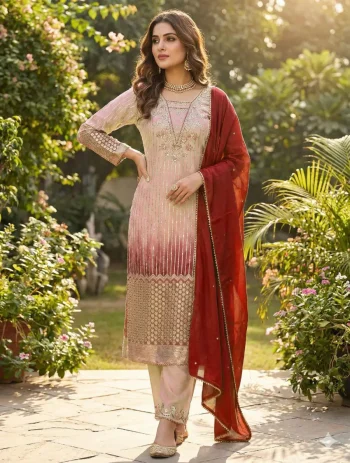 MODERN CHINON PRINTED WITH SEQUENCE EMBROIDERY BORDAR LACE WORK TOP BOTTOM WITH DUPATTA PEACH AND MAROON