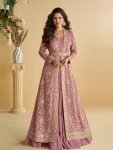 MODERN CHINON SILK CRUSH 3 LAYER GOWN WITH EMBROIDERY SEQUENCE WORK  SHRUG AND BELT BABY PINK