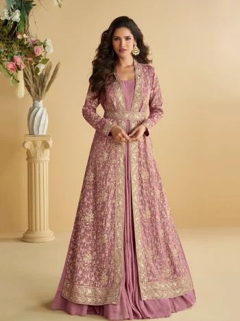 MODERN CHINON SILK CRUSH 3 LAYER GOWN WITH EMBROIDERY SEQUENCE WORK SHRUG AND BELT BABY PINK