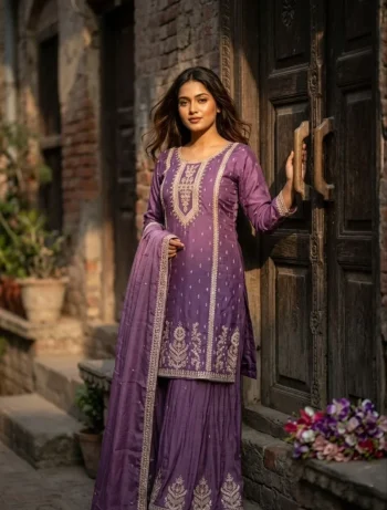 MODERN CHINON SILK EMBROIDERY CODING, MULTI THREAD, SEQUENCE WITH HAND MIRROR DIAMOND WORK TOP PALAZZO WITH DUPATTA PURPLE