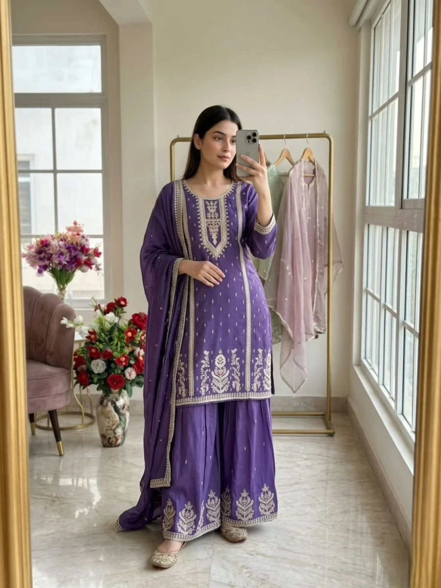MODERN CHINON SILK EMBROIDERY CODING, MULTI THREAD, SEQUENCE WITH HAND MIRROR DIAMOND WORK TOP PALAZZO WITH DUPATTA FESTIVE WEAR WHOLESALE PRICE ETHNIC GARMENT (4)
