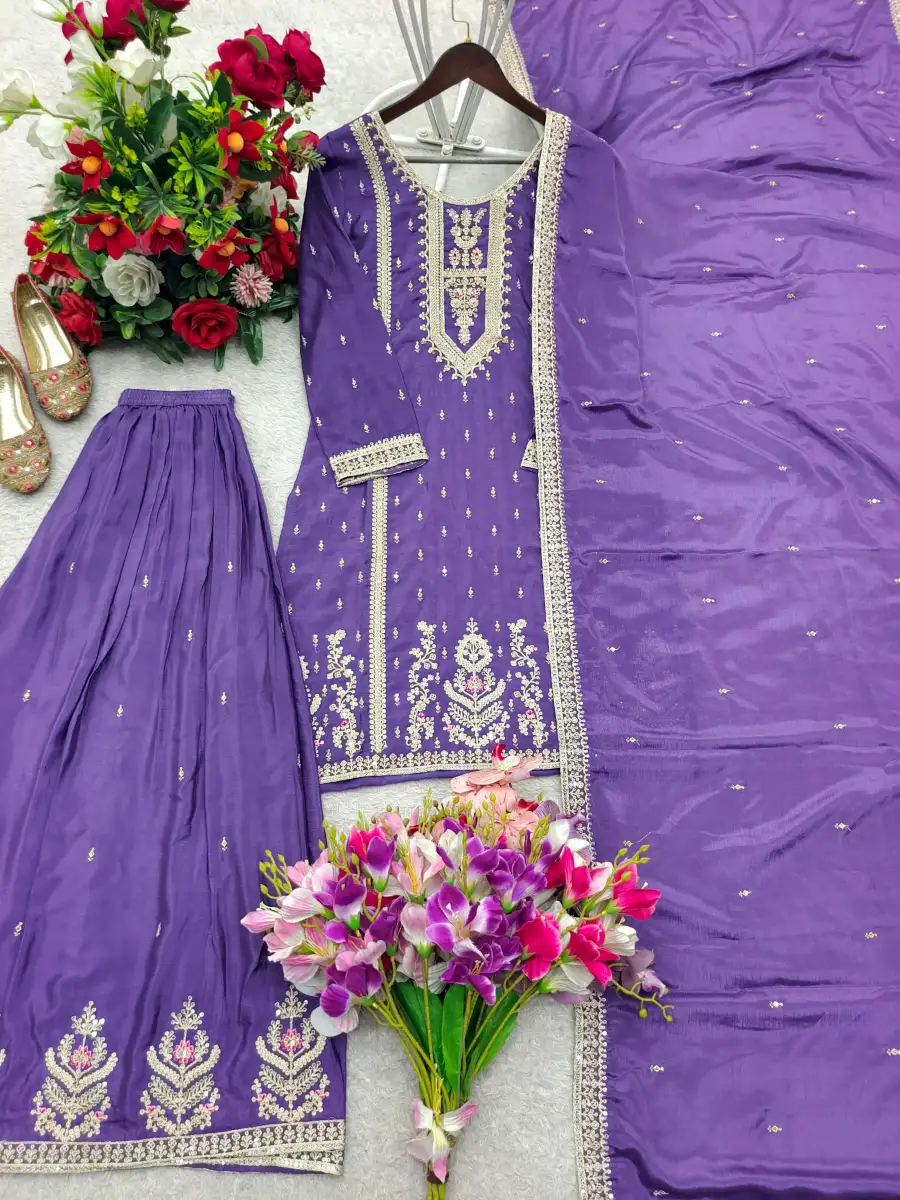 MODERN CHINON SILK EMBROIDERY CODING, MULTI THREAD, SEQUENCE WITH HAND MIRROR DIAMOND WORK TOP PALAZZO WITH DUPATTA FESTIVE WEAR WHOLESALE PRICE ETHNIC GARMENT (6)