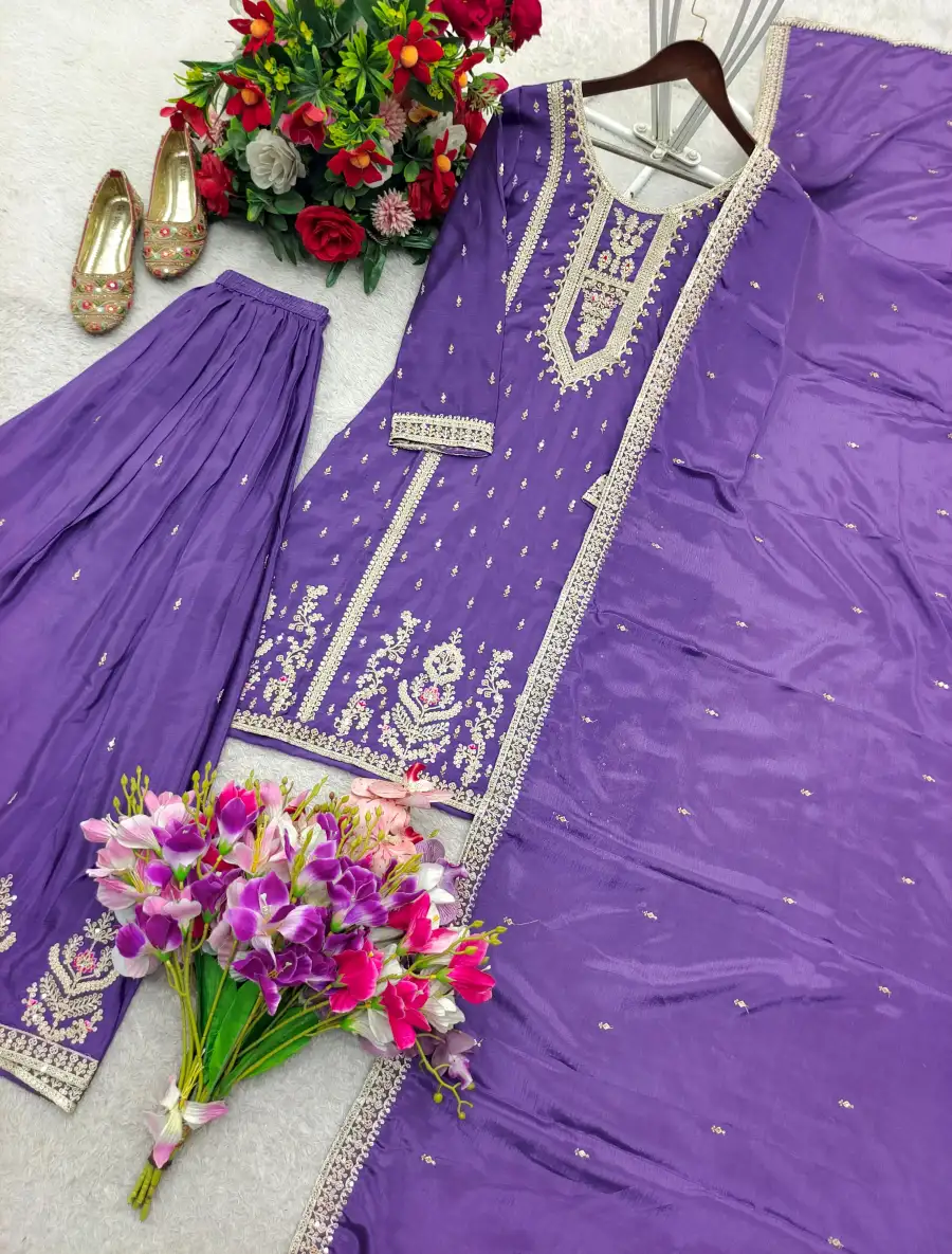 MODERN CHINON SILK EMBROIDERY CODING, MULTI THREAD, SEQUENCE WITH HAND MIRROR DIAMOND WORK TOP PALAZZO WITH DUPATTA FESTIVE WEAR WHOLESALE PRICE ETHNIC GARMENT (8)