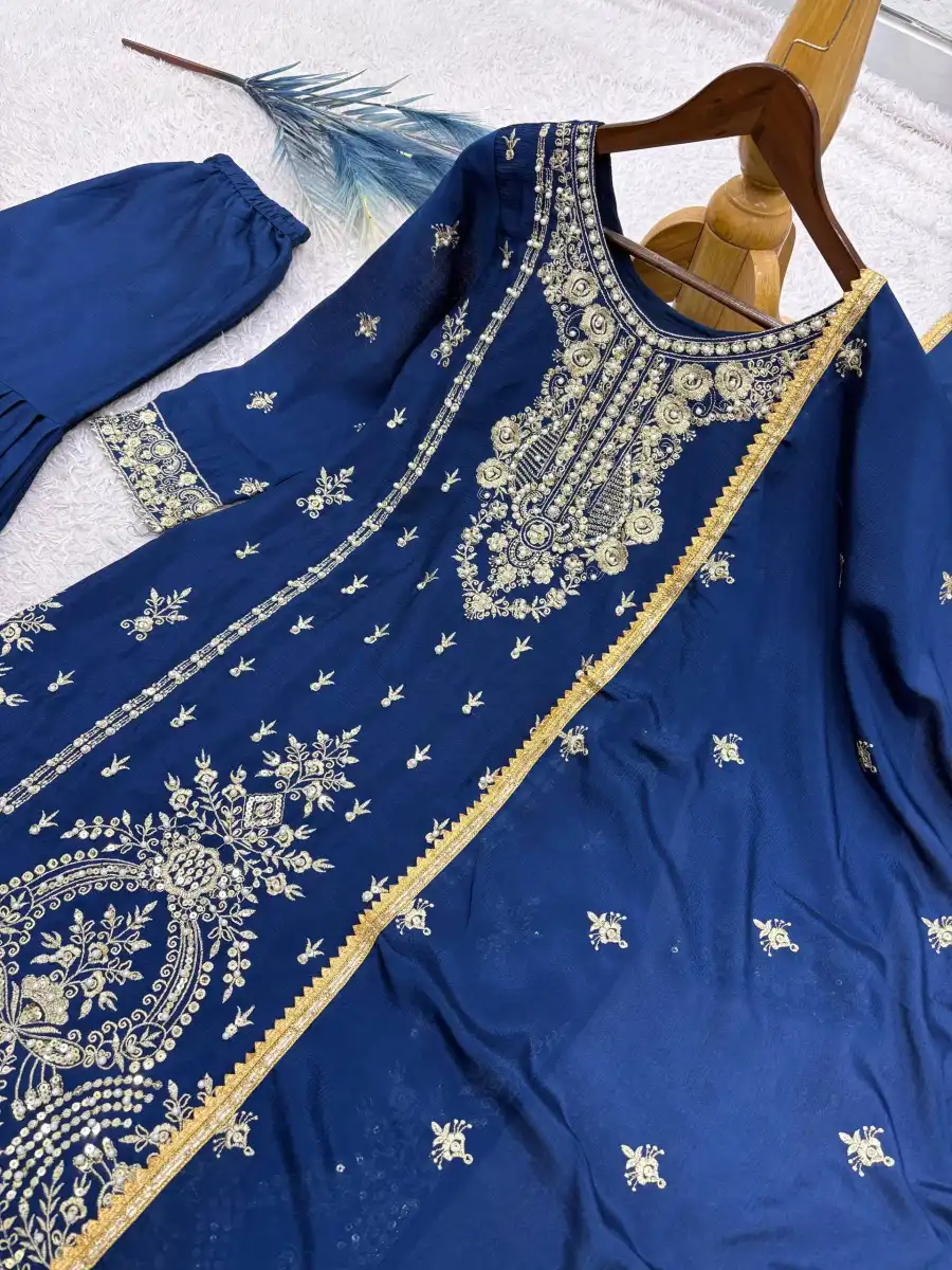 MODERN CHINON SILK EMBROIDERY SEQUENCE WORK WITH RIVET MOTI WORK TOP SHARARA WITH DUPATTA FESTIVE WEAR WHOLESALE PRICE ETHNIC GARMENT (2)