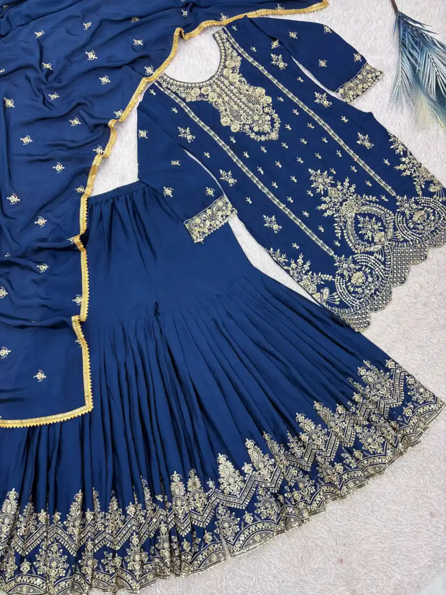 MODERN CHINON SILK EMBROIDERY SEQUENCE WORK WITH RIVET MOTI WORK TOP SHARARA WITH DUPATTA FESTIVE WEAR WHOLESALE PRICE ETHNIC GARMENT (4)
