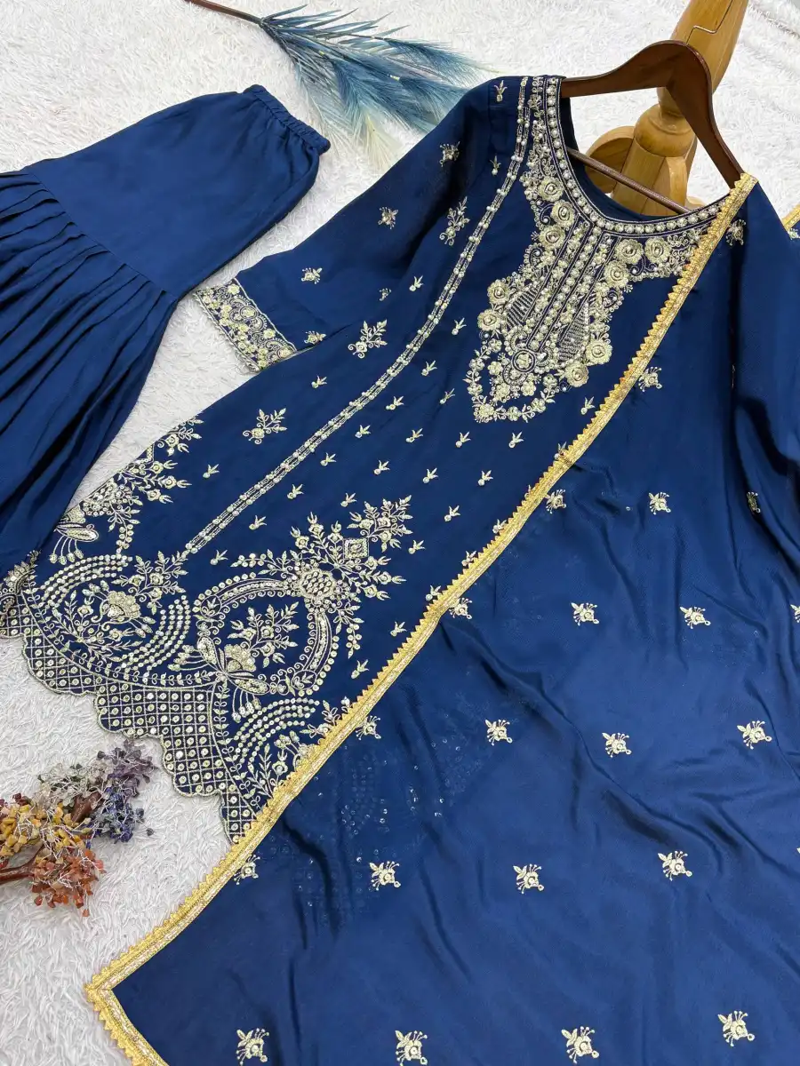 MODERN CHINON SILK EMBROIDERY SEQUENCE WORK WITH RIVET MOTI WORK TOP SHARARA WITH DUPATTA FESTIVE WEAR WHOLESALE PRICE ETHNIC GARMENT (6)