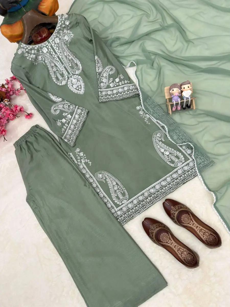 MODERN CHINON SILK THREAD EMBROIDERY WORK TOP PALAZZO WITH DUPATTA FESTIVE WEAR WHOLESALE PRICE ETHNIC GARMENT (10)