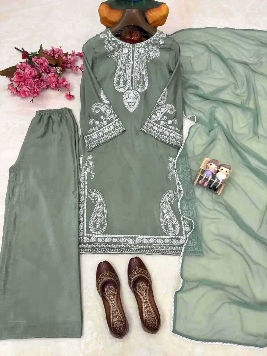 MODERN CHINON SILK THREAD EMBROIDERY WORK TOP PALAZZO WITH DUPATTA FESTIVE WEAR WHOLESALE PRICE ETHNIC GARMENT (12)