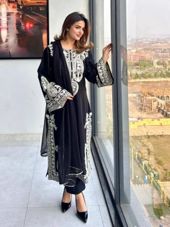 MODERN CHINON SILK THREAD EMBROIDERY WORK TOP PALAZZO WITH DUPATTA BLACK