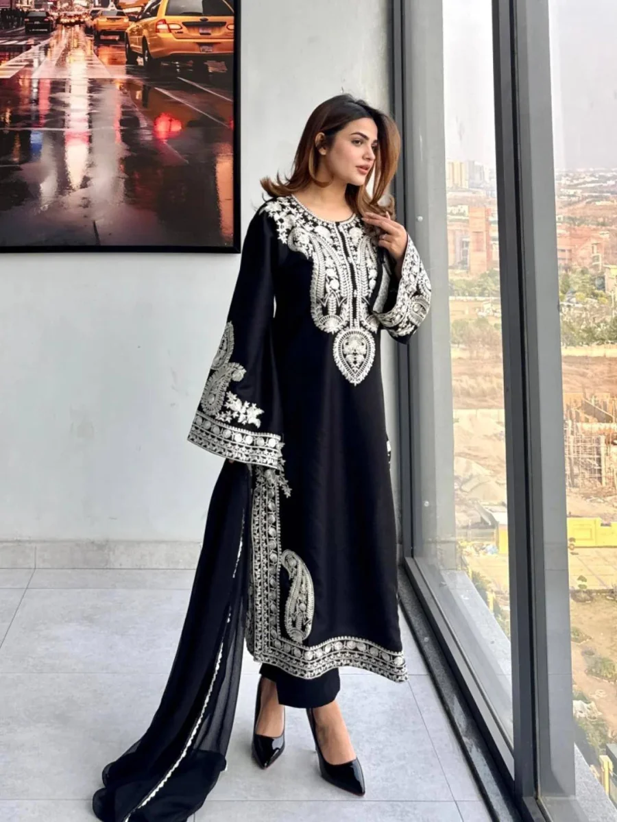 MODERN CHINON SILK THREAD EMBROIDERY WORK TOP PALAZZO WITH DUPATTA FESTIVE WEAR WHOLESALE PRICE ETHNIC GARMENT (20)