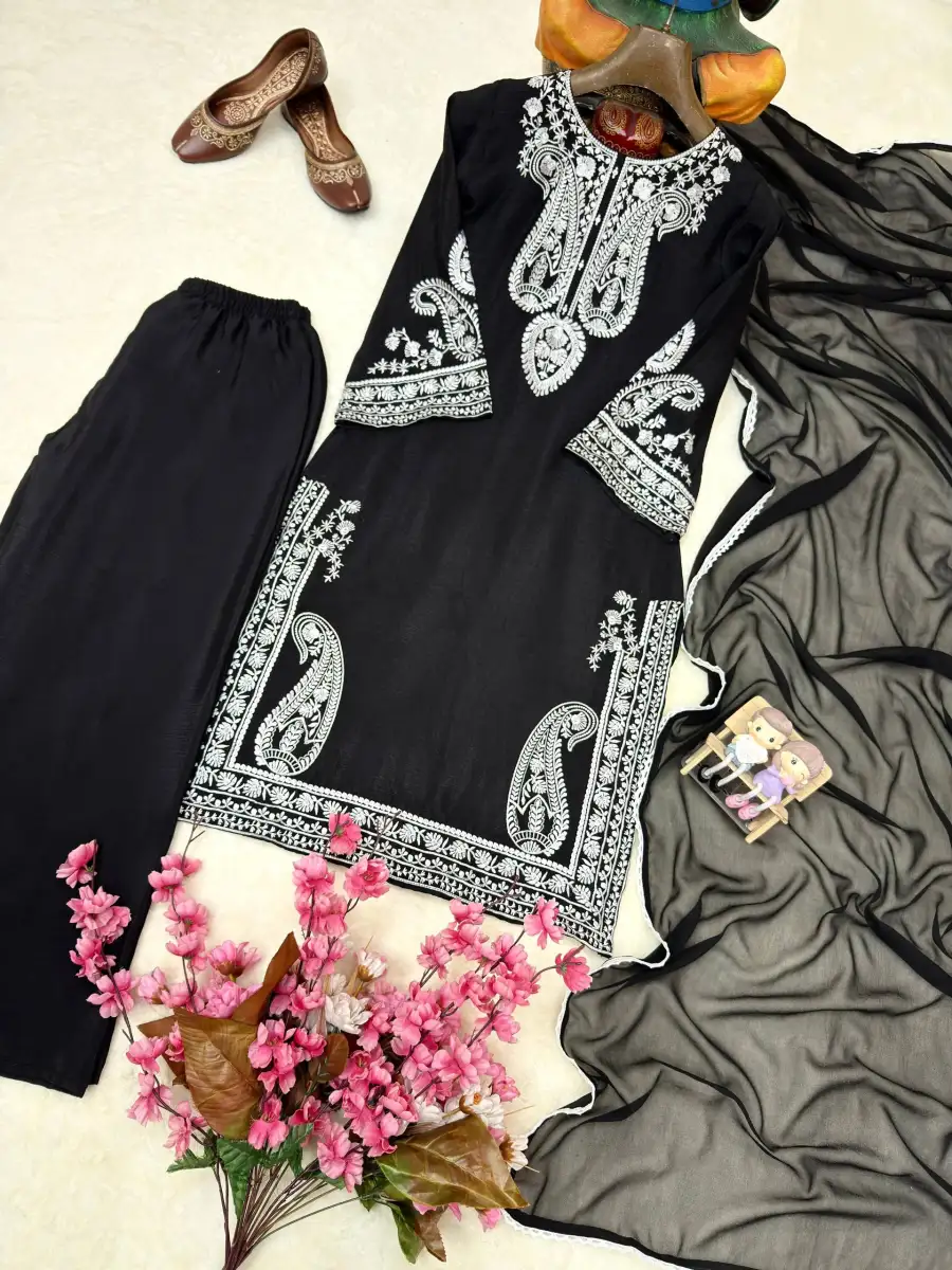 MODERN CHINON SILK THREAD EMBROIDERY WORK TOP PALAZZO WITH DUPATTA FESTIVE WEAR WHOLESALE PRICE ETHNIC GARMENT (24)