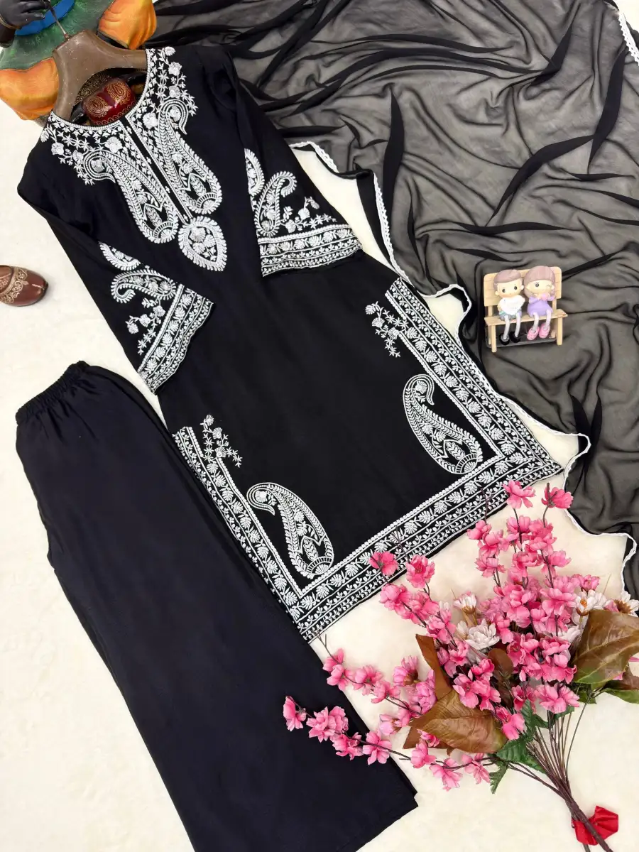 MODERN CHINON SILK THREAD EMBROIDERY WORK TOP PALAZZO WITH DUPATTA FESTIVE WEAR WHOLESALE PRICE ETHNIC GARMENT (26)