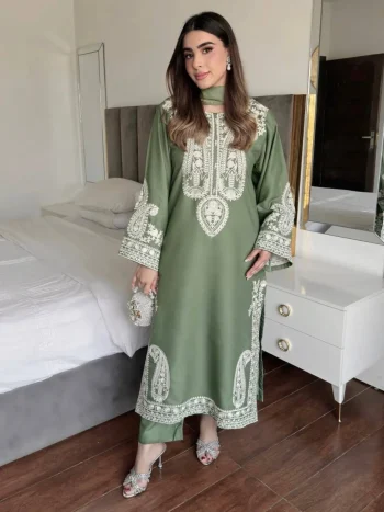 MODERN CHINON SILK THREAD EMBROIDERY WORK TOP PALAZZO WITH DUPATTA MINT