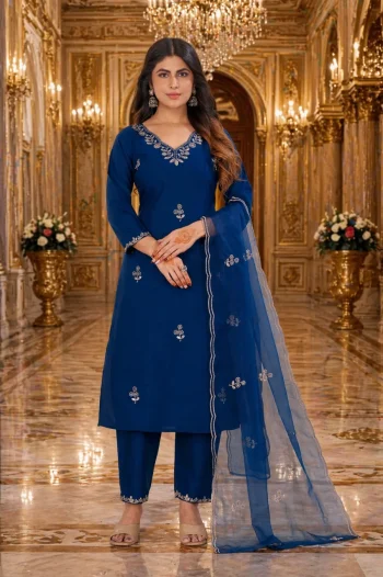 MODERN COTTON BLEND EMBROIDERY SEQUENCE WORK TOP BOTTOM WITH DUPATTA TEAL