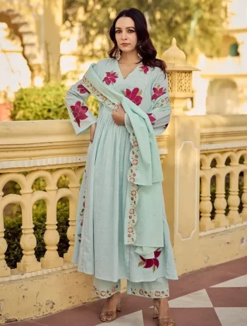 MODERN COTTON BUTTI SEQUENCE EMBROIDERED WORK TOP BOTTOM WITH DUPATTA SKY