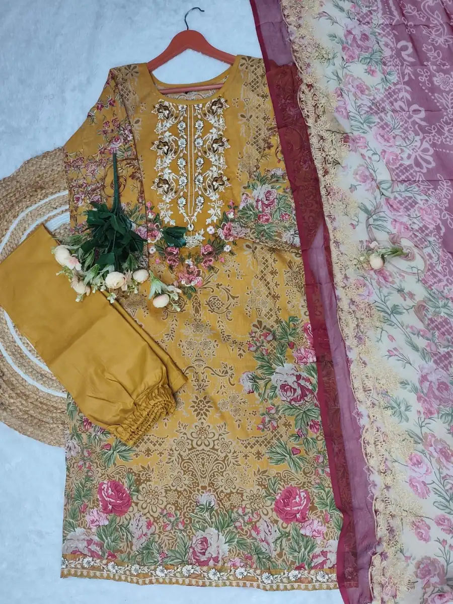 MODERN COTTON PRINT WITH EMBROIDERY SEQUENCE WORK TOP BOTTOM WITH DUPATTA OFFICE WEAR WHOLESALE PRICE ETHNIC GARMENT (1)